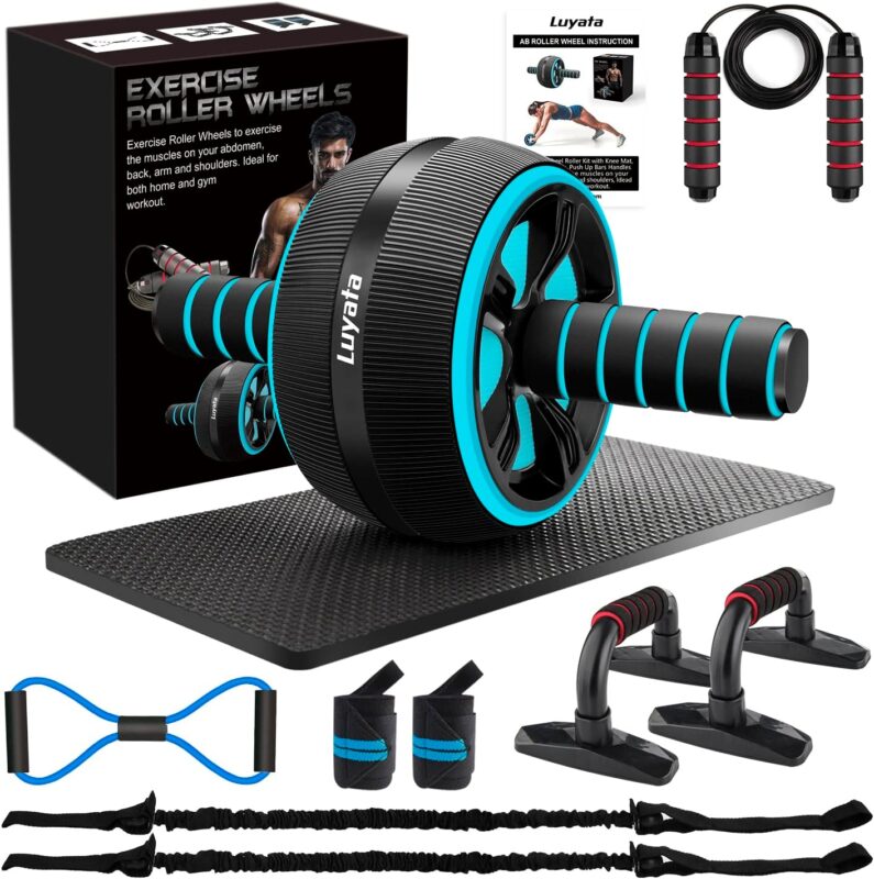 Ab Roller Wheel, 10-In-1 Ab Exercise Wheels Kit with Resistance Bands, Knee Mat, Jump Rope, Push-Up Bar - Home Gym Equipment for Men Women Core Strength...
