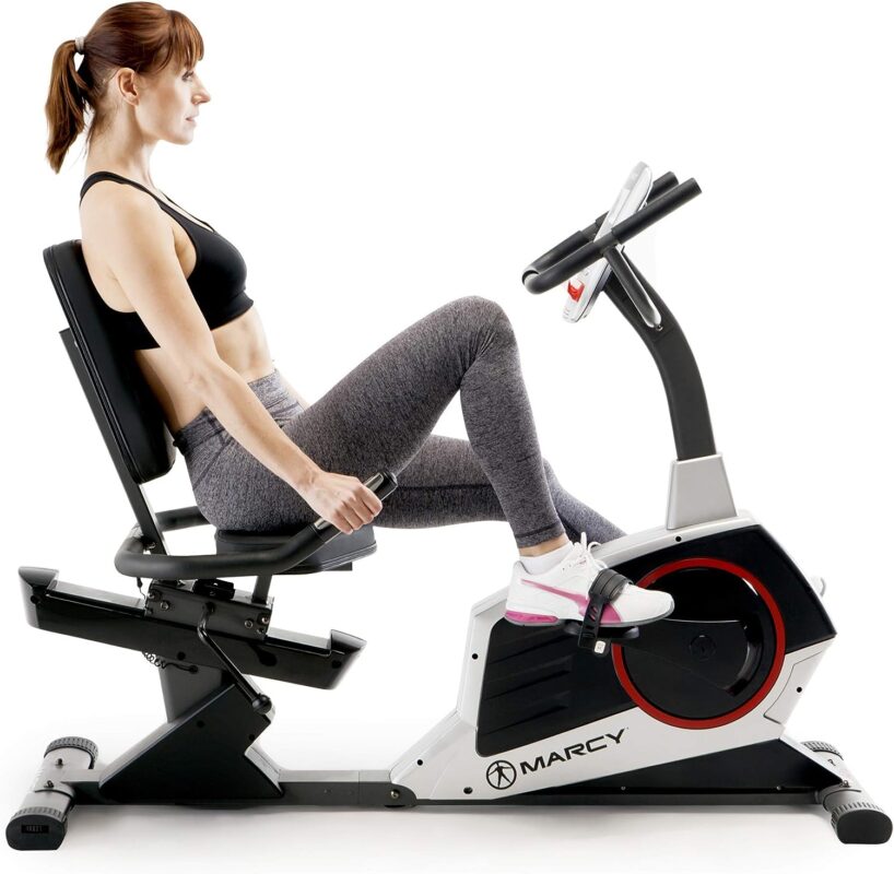 Marcy Regenerating Recumbent Exercise Bike with Adjustable Seat, Pulse Monitor and Transport Wheels ME-706
